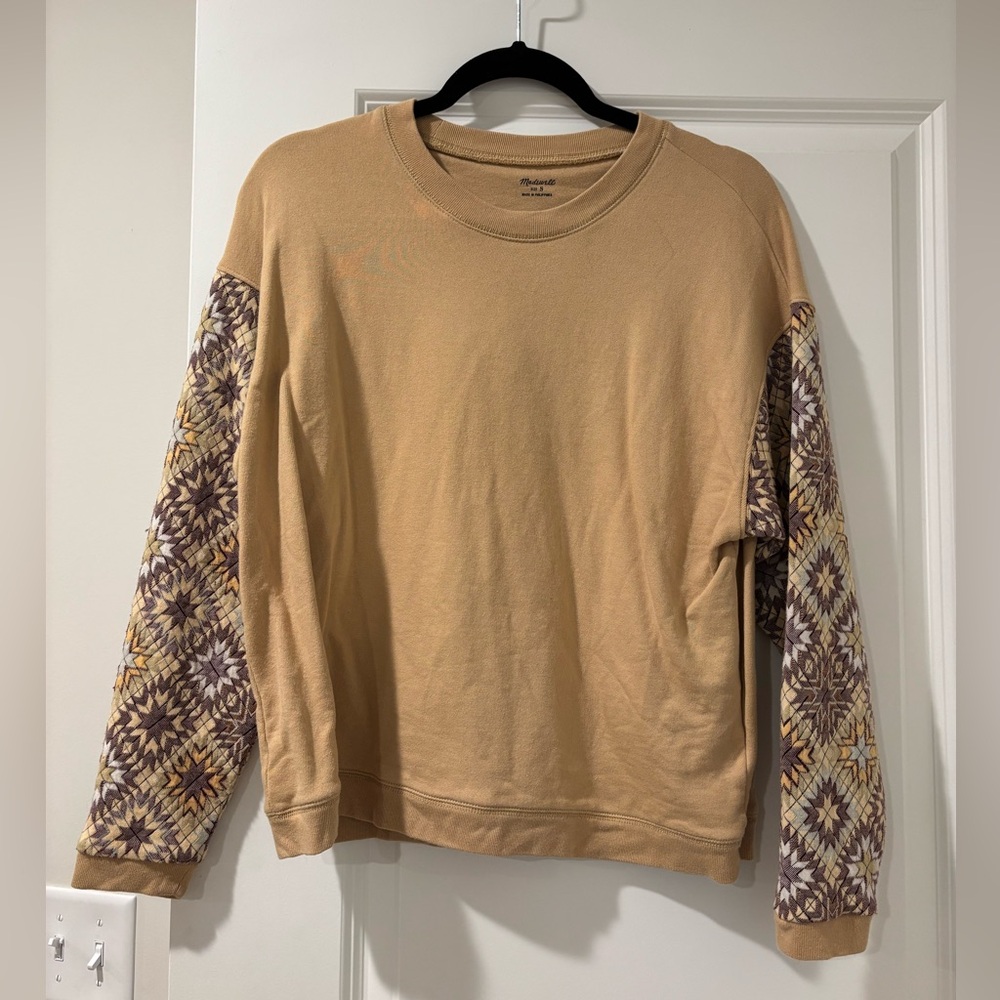 Madewell tan patch print sleeve sweatshirt size S